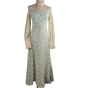 Vintage 60s 70s Crochet Lace Taffeta Maxi Gown XS S‎ 2 4? Ivory Aqua Dress